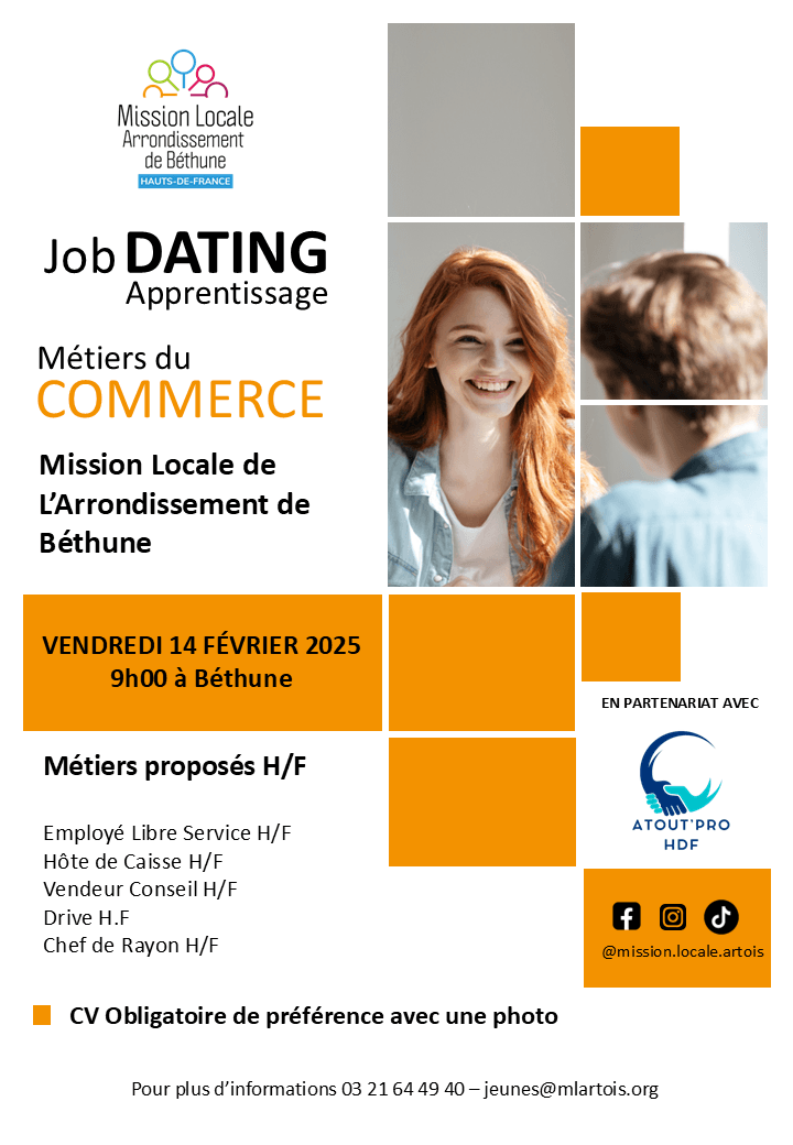 Affiche job dating apprentissage metiers du commerce